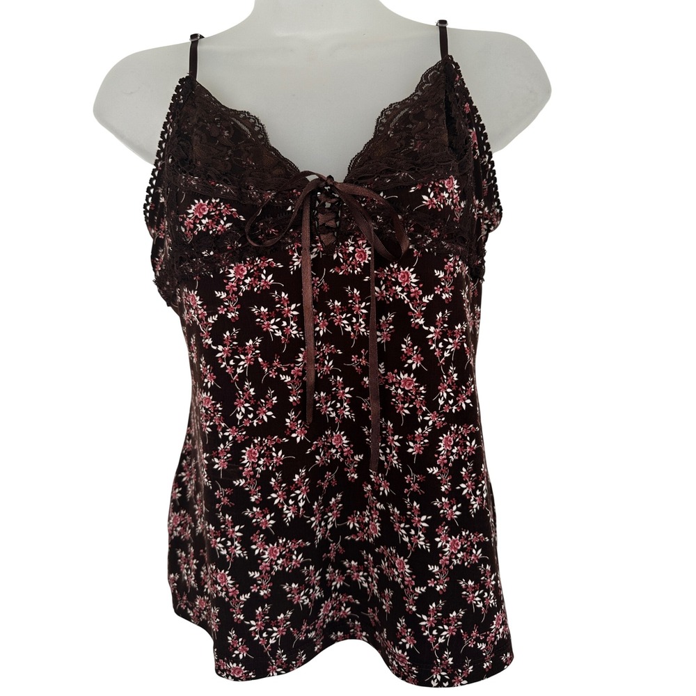 No Boundaries Y2K Brown Floral Lace Trim Cami Top Cottagecore Ribbon Cami Medium